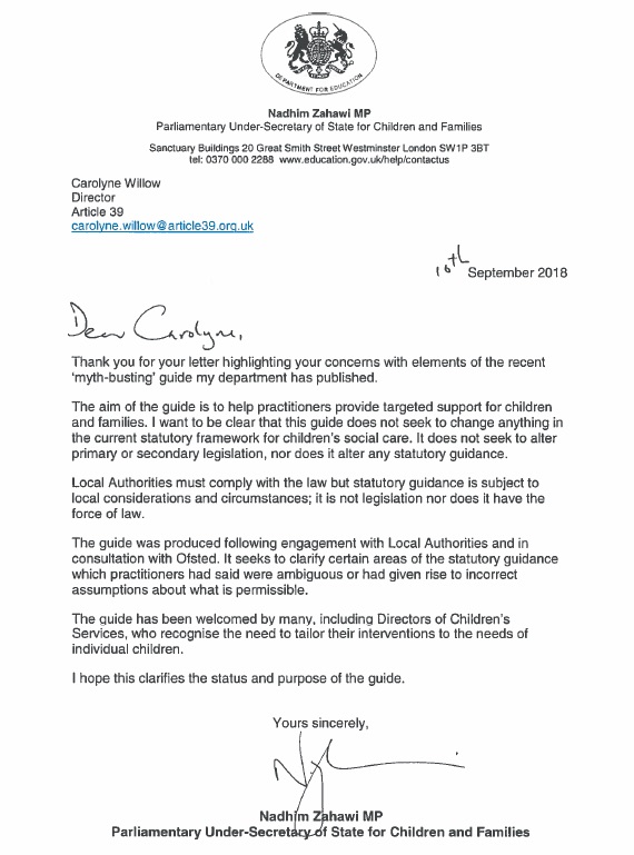 Minister's response to joint letter of concern 10 September 2018